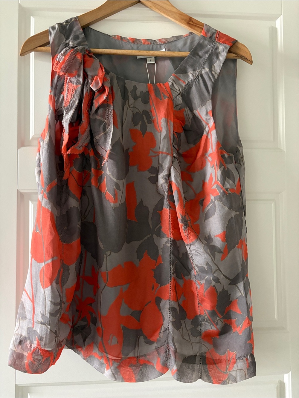 NWT Silk Blue Velvet Grey Coral Orange Abstract Sleeveless Floral Blouse Large